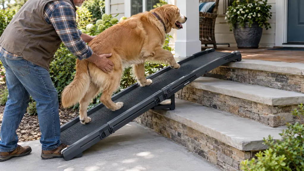 A dog walking up a folding ramp placed over three porch steps while a person guides from behind