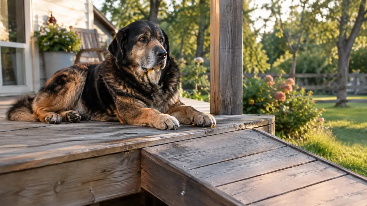 A large dog resting on a porch landing after climbing a ramp