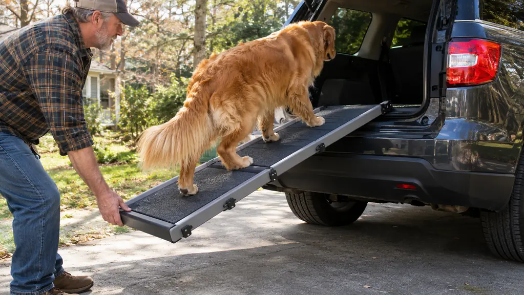 A large dog walking up a folding ramp into the back of an SUV while a person steadies the side