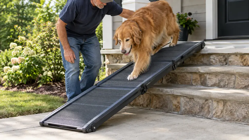 A person's hand guiding a large dog down a folding ramp on porch steps