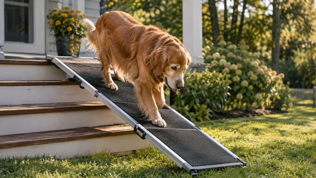 A large dog walking down a folding ramp in a grassy backyard