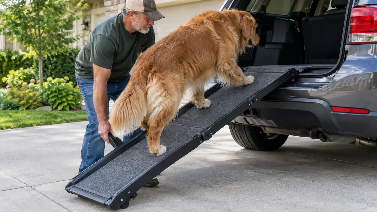 A person's hand steadying a folding dog ramp while a large dog places one paw on the ramp surface